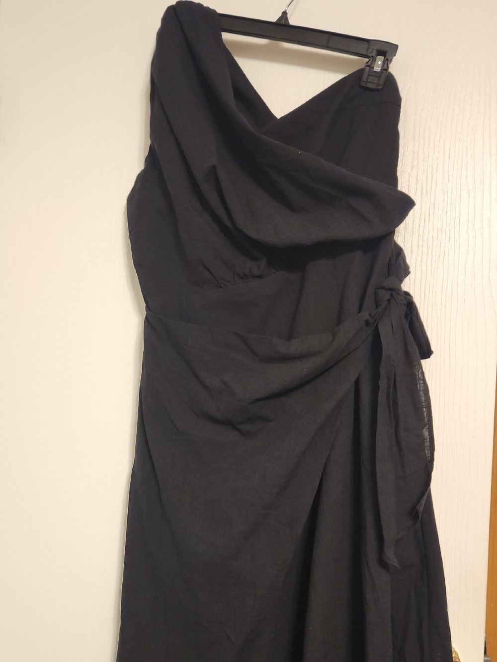 One-Shoulder Black Wrap Dress with Side Tie